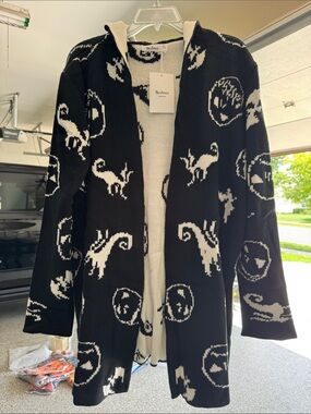 next Black & White Hooded Knit Coatigan with Cat Motifs size 20 women’s cozy